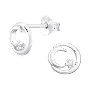 Sterling Silver Crescent Moon Tiny Stud Earrings with CZ 8mm
